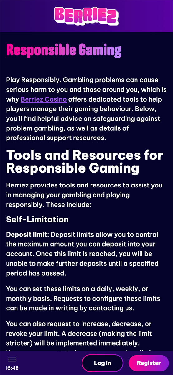 Berriez Casino Responsible Gambling Tools