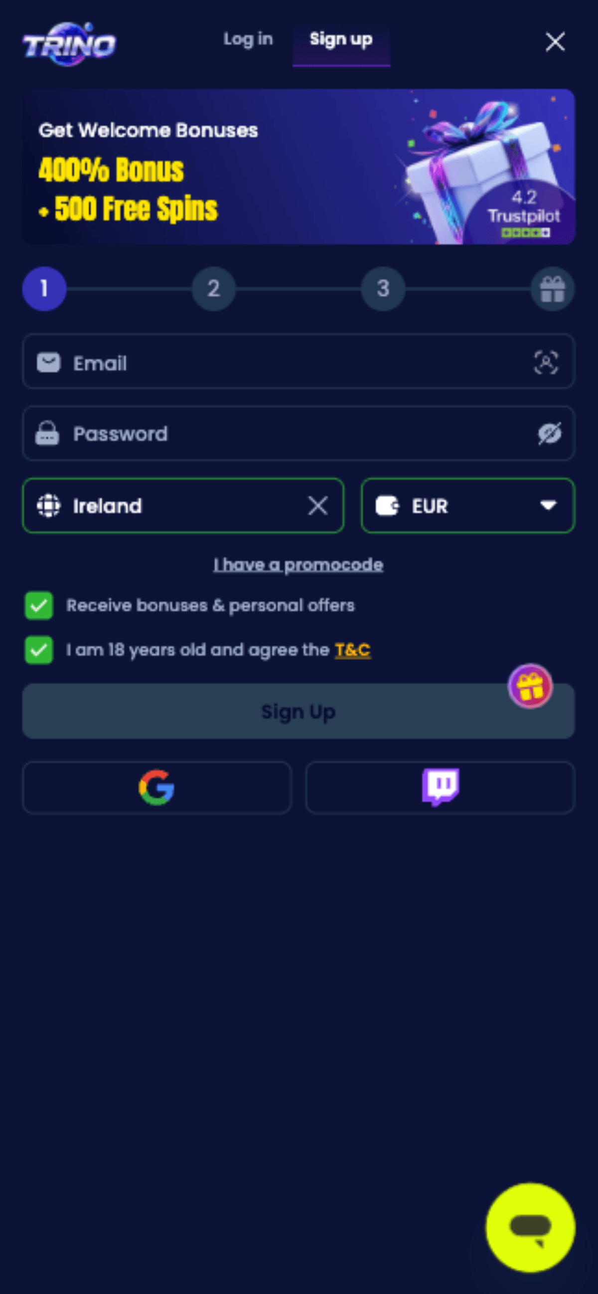 Trino Casino Registration Form