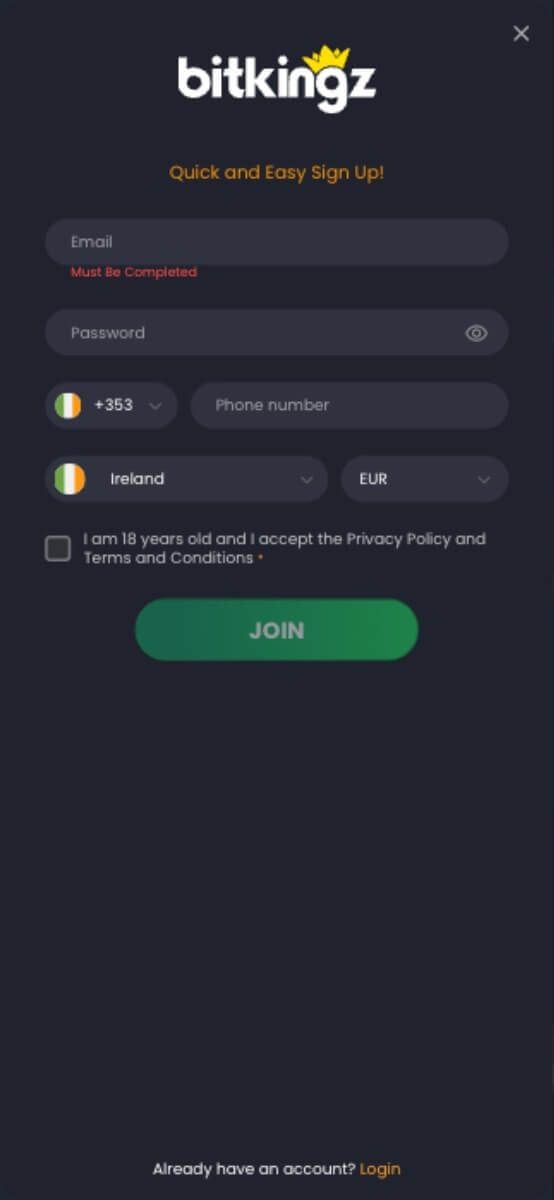 Bitkingz Casino Registration Form