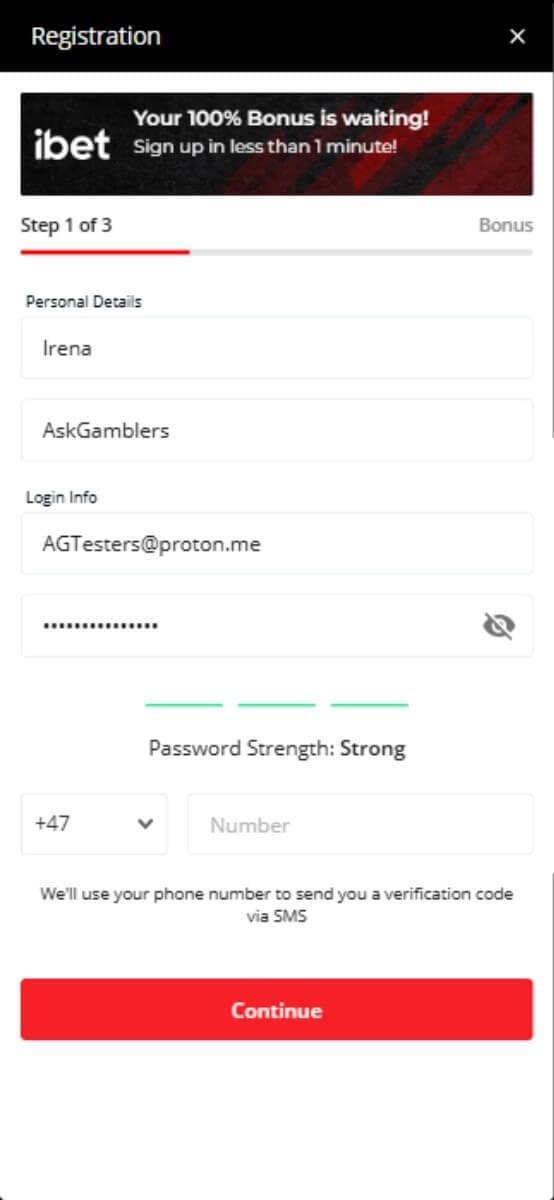 ibet Casino Registration Form
