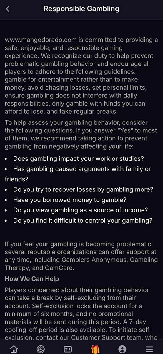 Mango Dorado Casino Responsible Gambling Tools