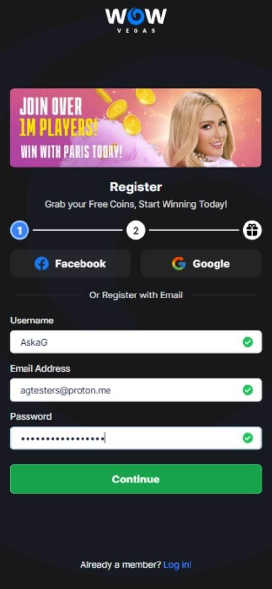 WOW Vegas Casino Registration Form