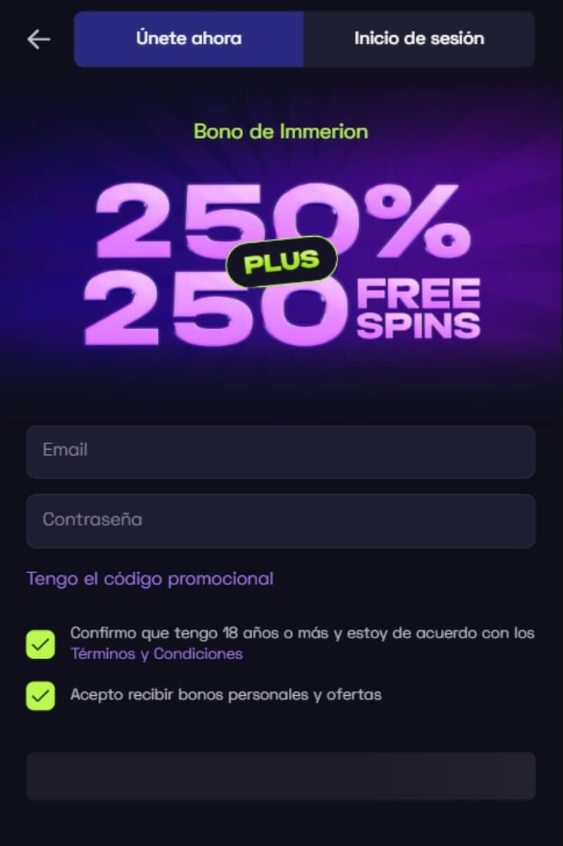 Immerion Casino formulario de inscripciÃ³n