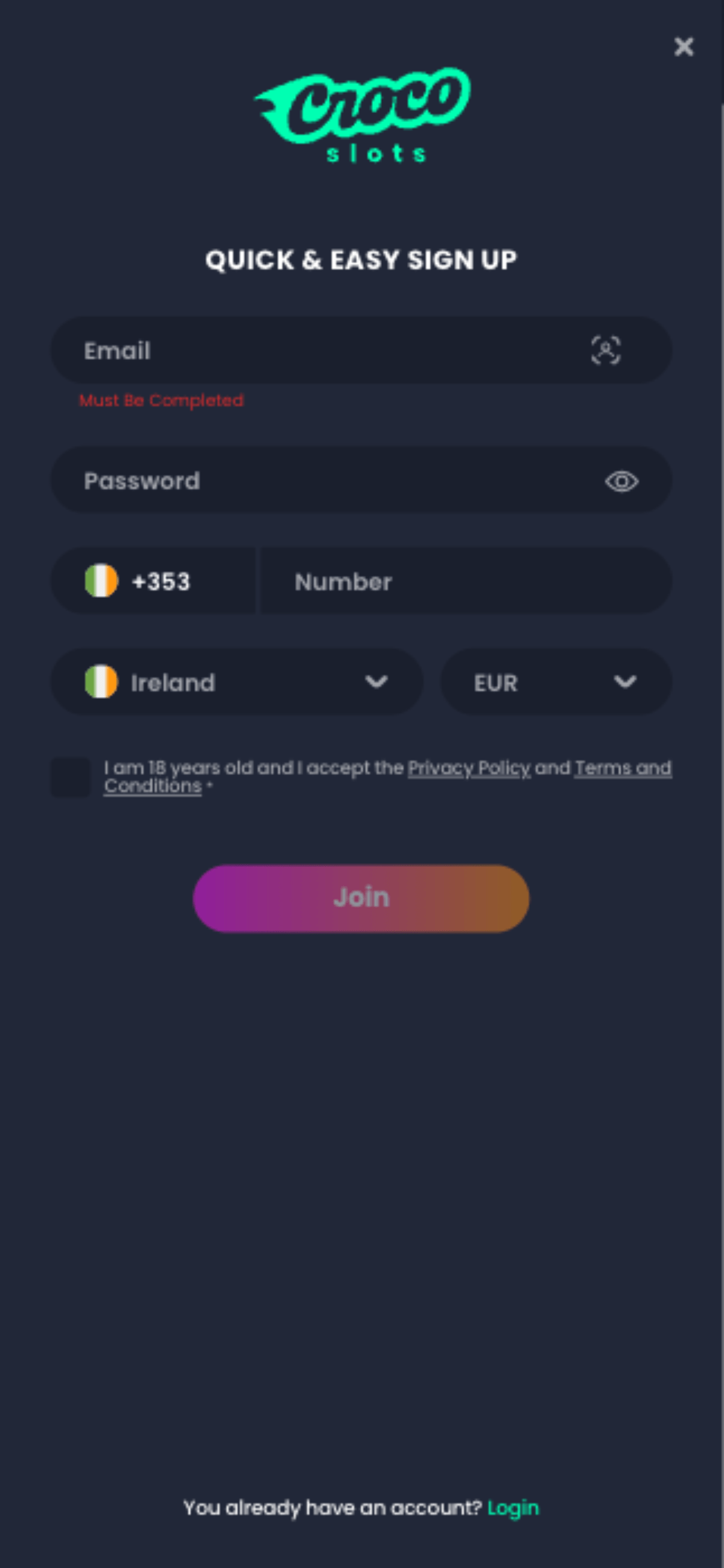 CrocoSlots Casino Registration Form