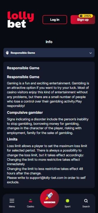 LollyBet Casino Responsible Gambling Tools