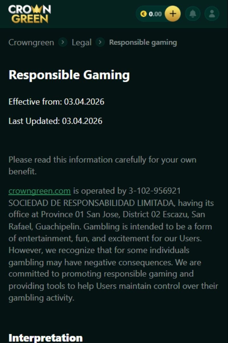 Crowngreen Casino Responible gambling