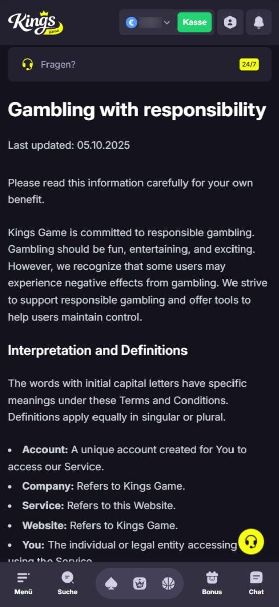 Kings Game Casino verantvortungsvolles Spielen