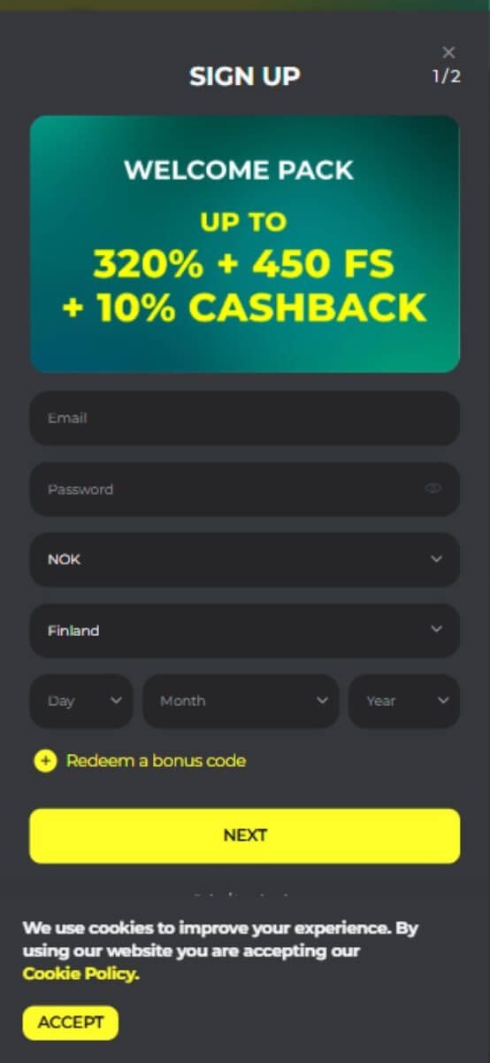 BetPRIMEIRO Casino Registration Form