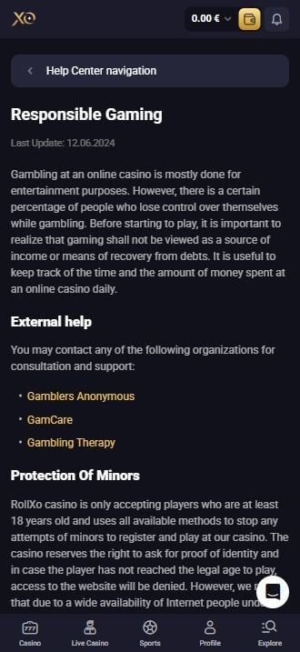 RollXO Casino responsible gambling