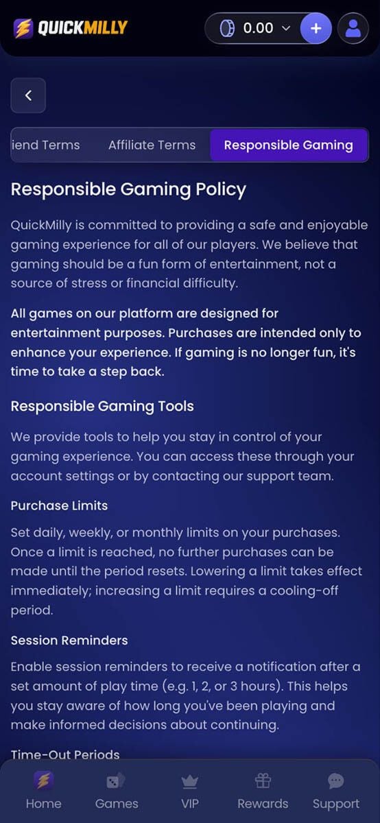 QuickMilly Casino Responsible Gambling Tools