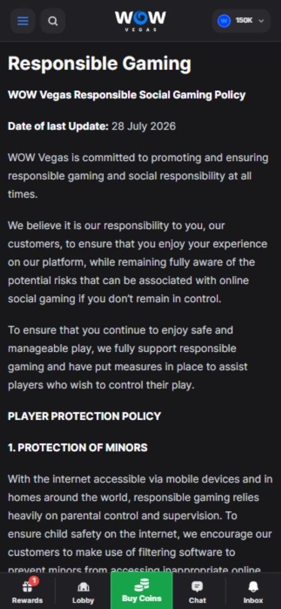 WOW Vegas Casino Responsible Gambling