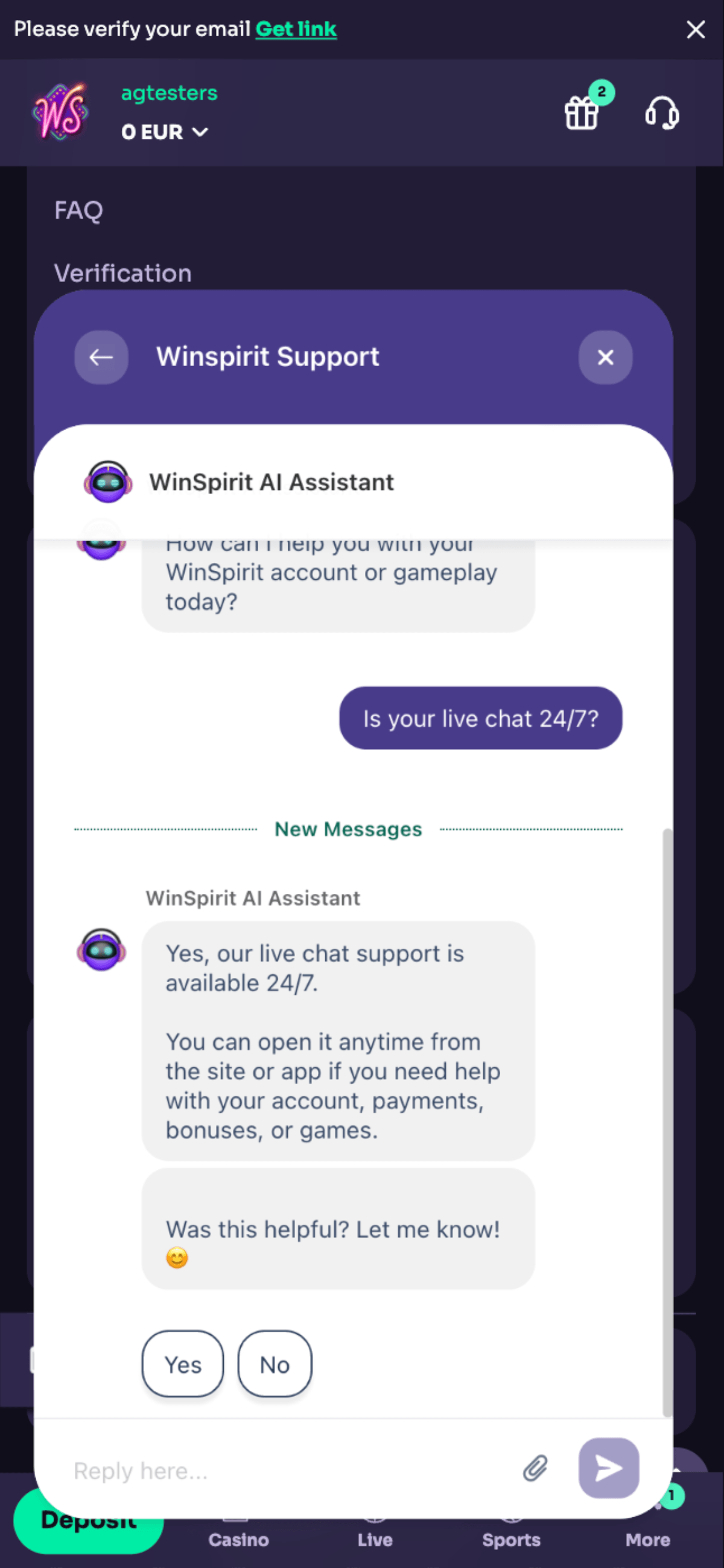 WinSpirit Casino Support