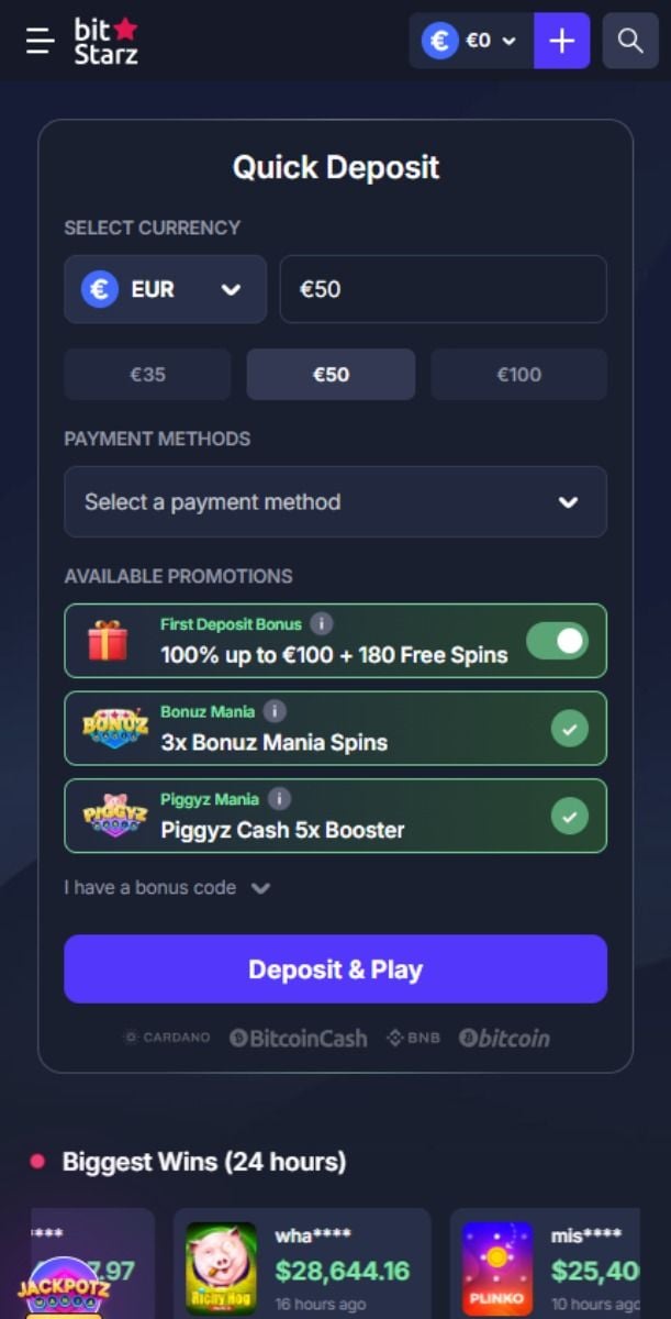Bitstarz Casino Payment Page