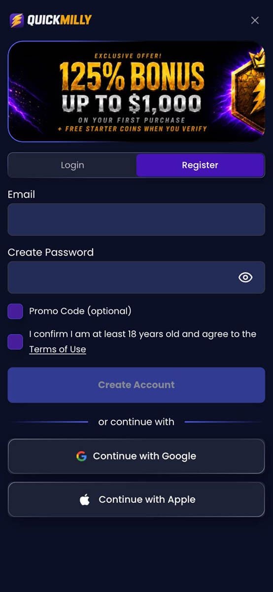 QuickMilly Casino Registration Form
