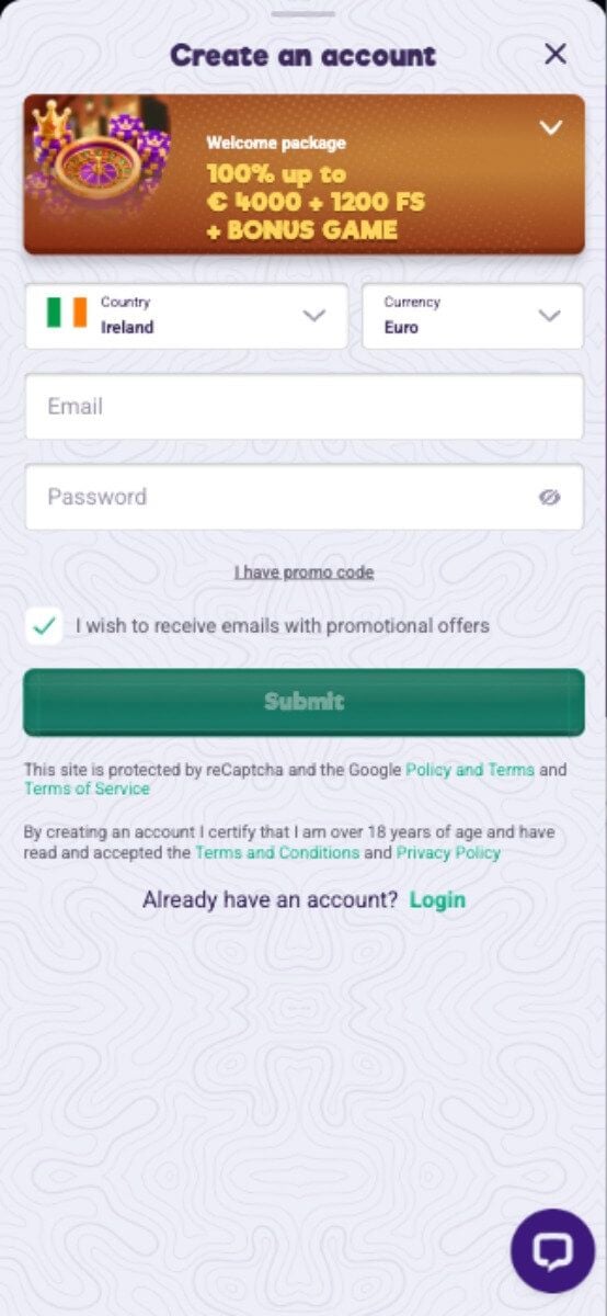 SafeCasino Registration Form