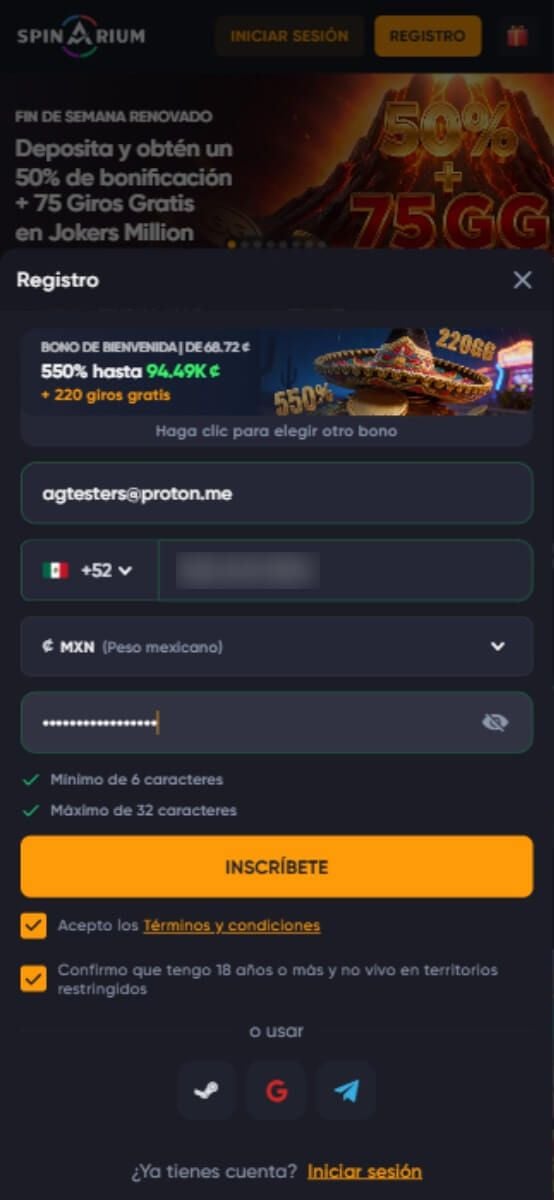 Spinarium Casino Inscripción