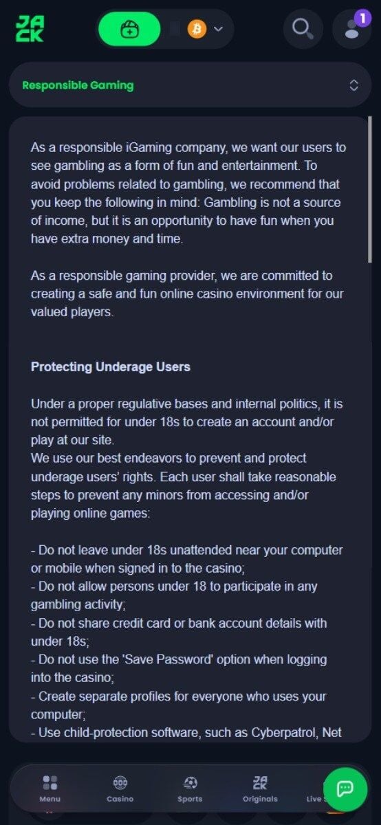 Jack.com Casino Responsible Gambling