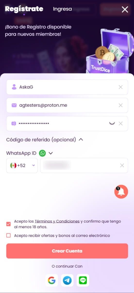 TrustDice Casino formulario de registro