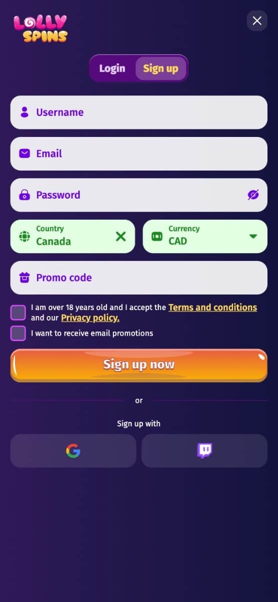 Lolly Spins Casino Registration Form