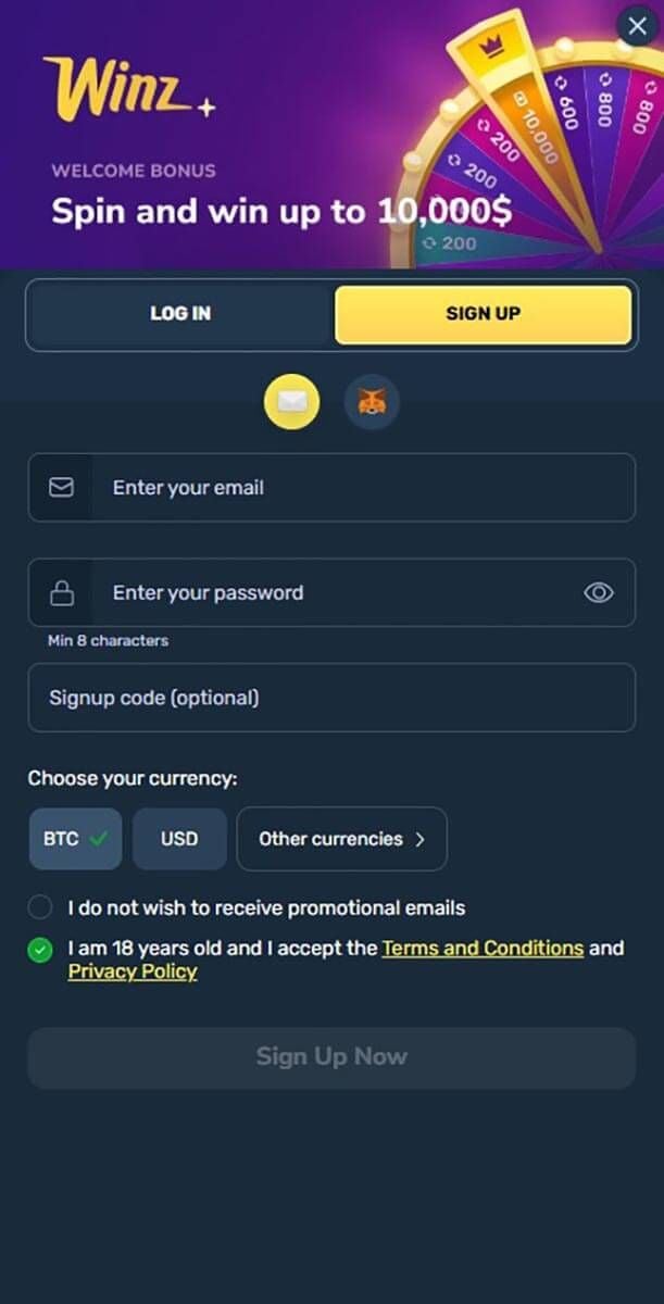 Winz.io Casino Registration Form