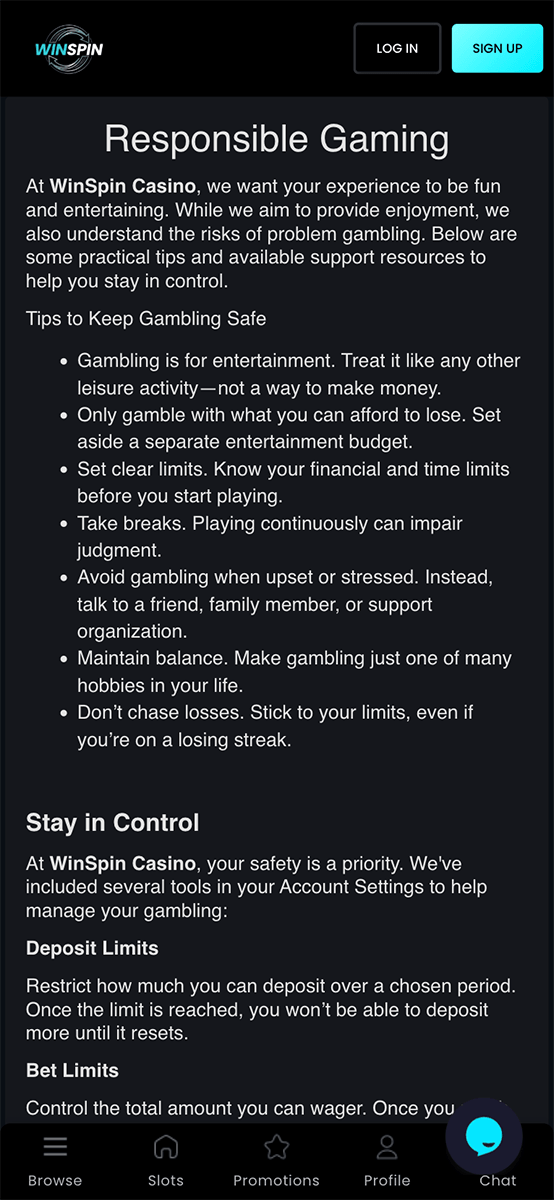 WinSpin Casino Responsible Gambling Tools