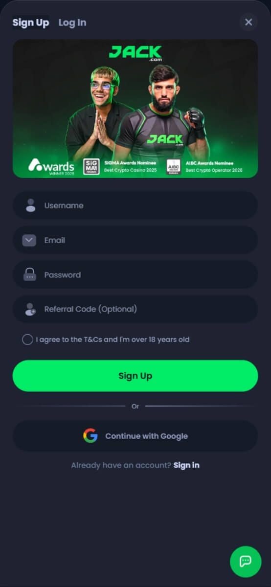 Jack.com Casino Registration Form