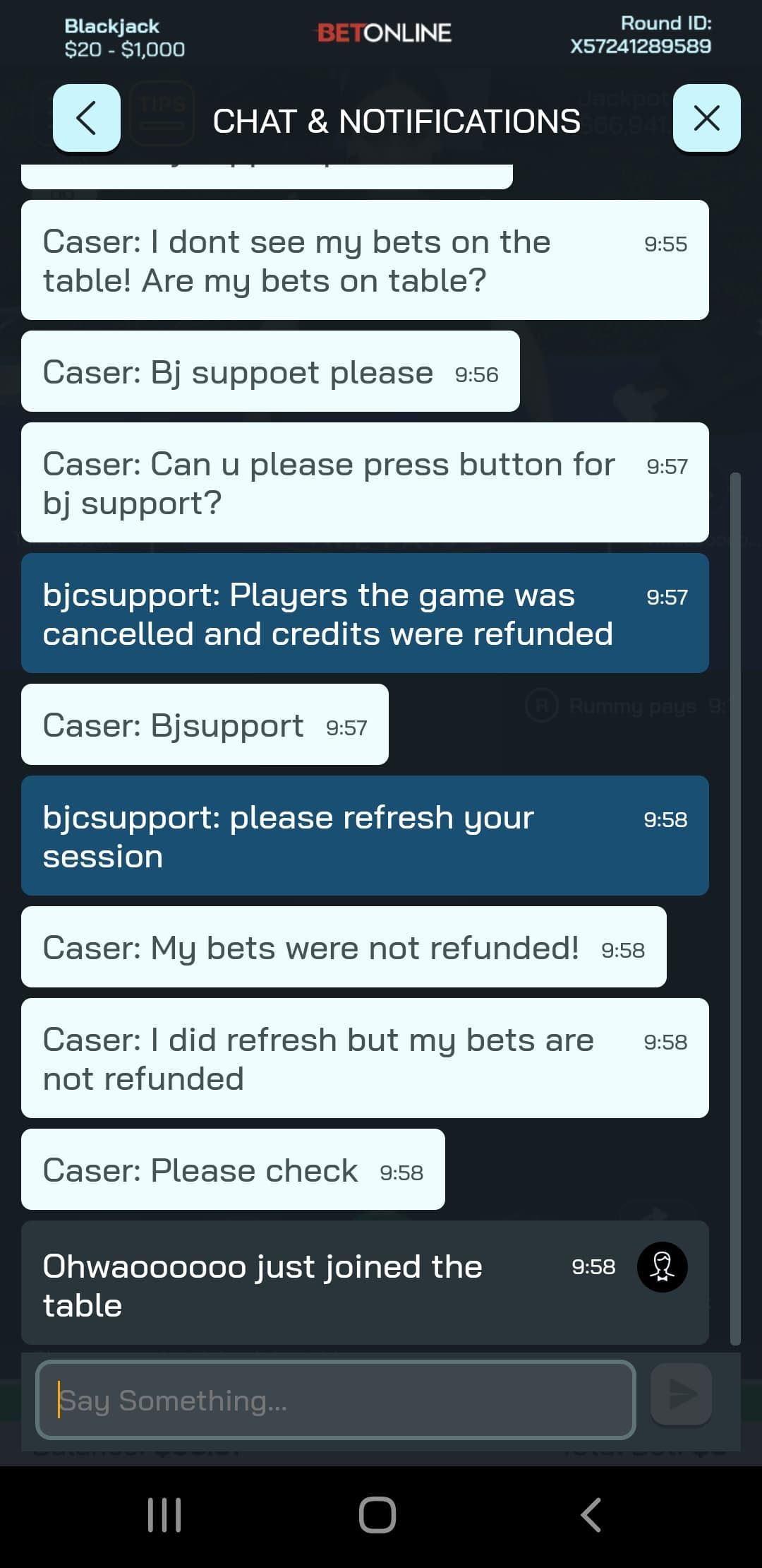 Casino Problem with Live Dealer Blackjack bets Complaint