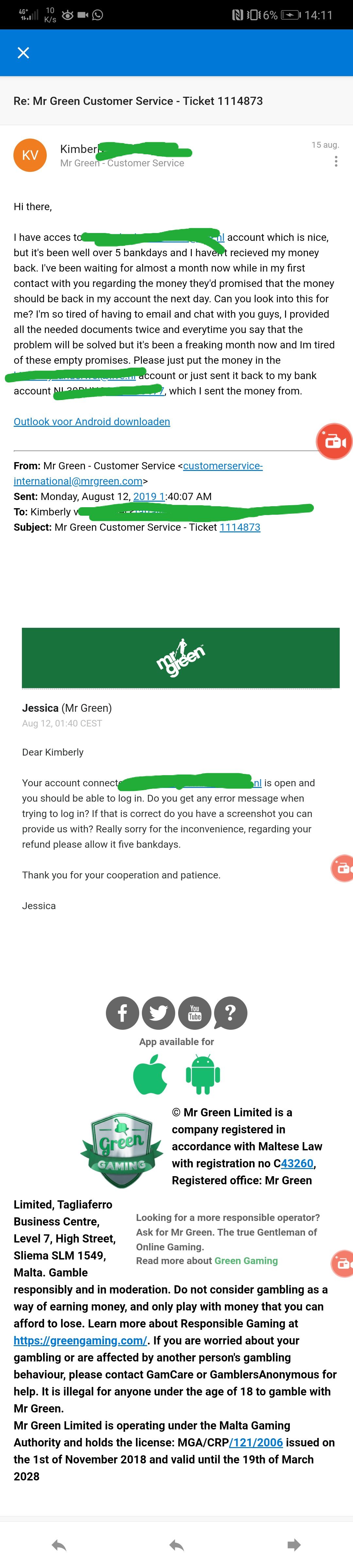 Mr Green Casino Not Refunding Me For Months Now Reclamo Risolto Askgamblers