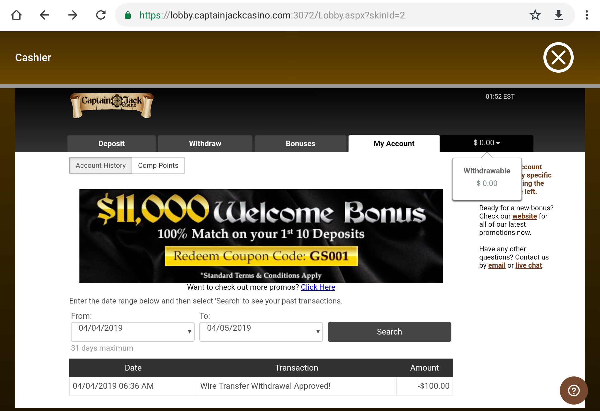 Captain Jack Casino Withdrawal cannot be processed, no further