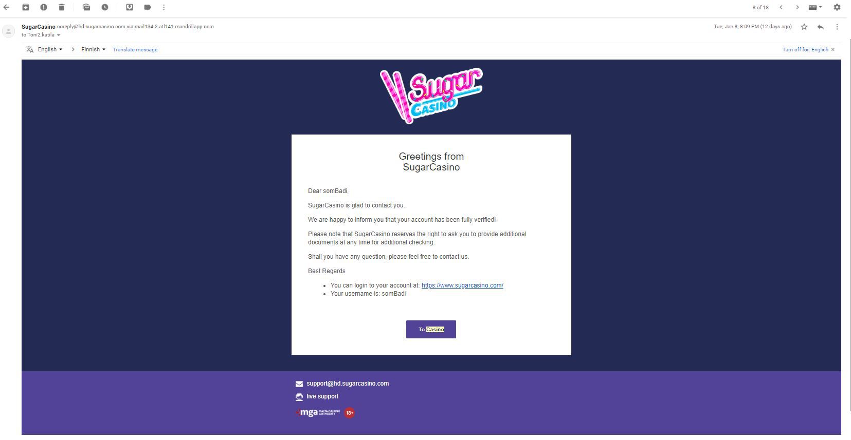 Sugar Casino verified email.JPG