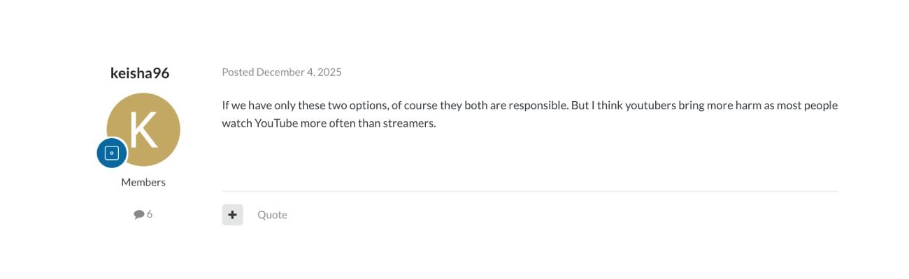 A user's forum comment about Youtubers' responsibility