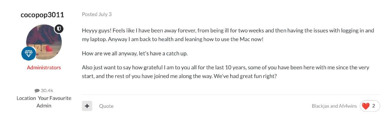 Screenshot with the admin's comment in a forum thread