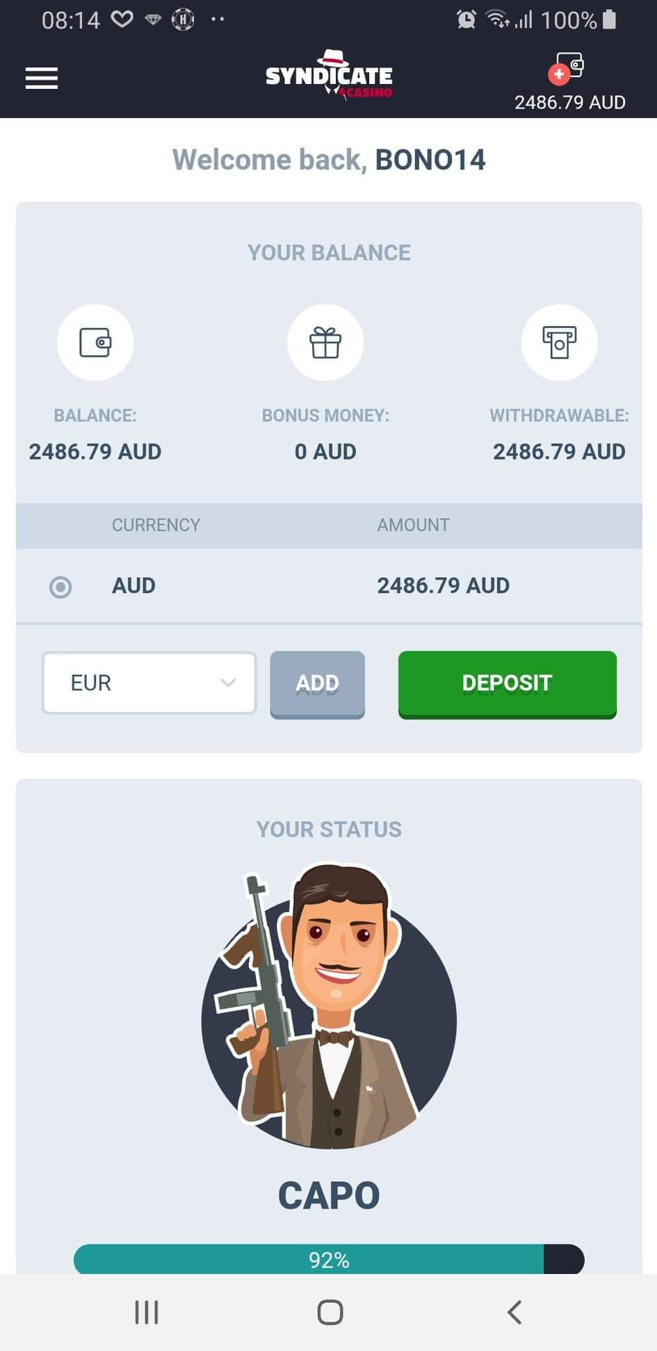 Syndicate Casino App Dashboard