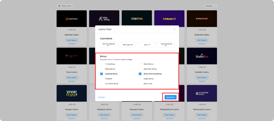 Filtern Sie Casinos nach Boni