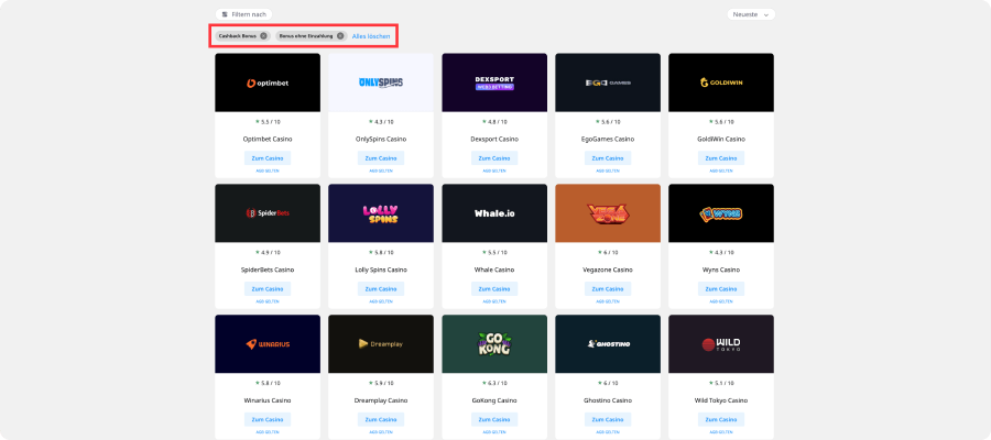 Filtern Sie Casinos nach Boni
