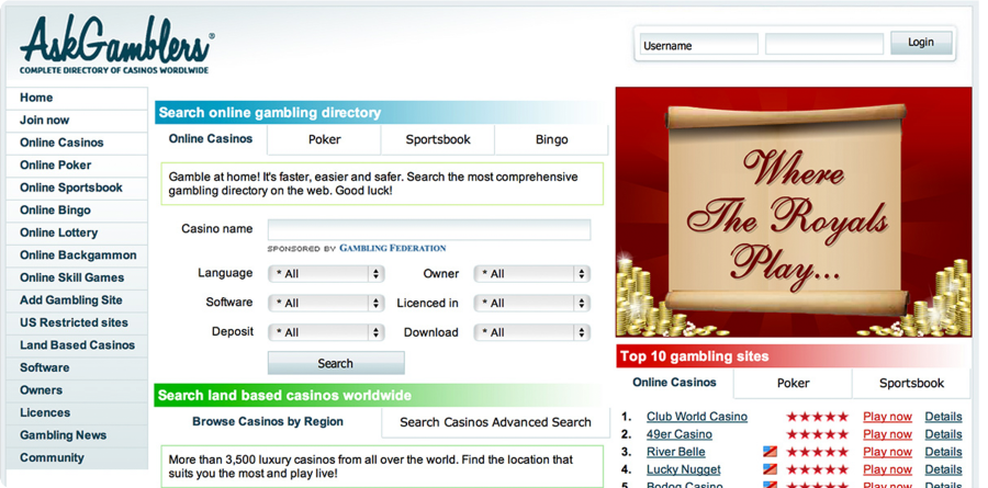 Il primo homepage di AskGamblers