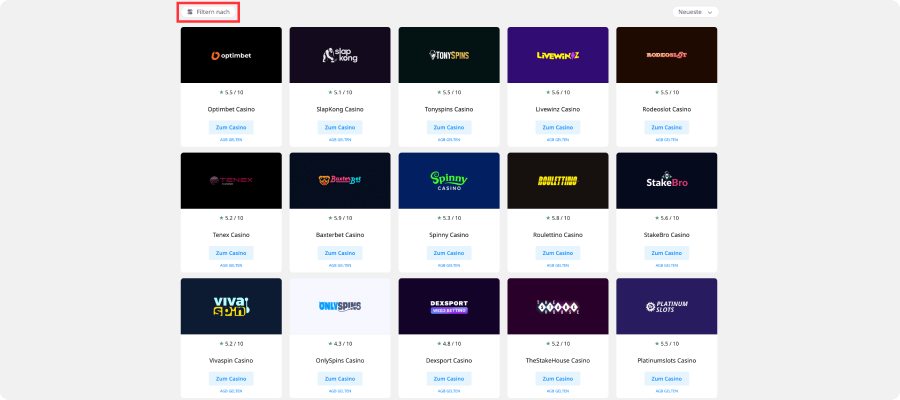 Filtern Sie Casinos nach Boni